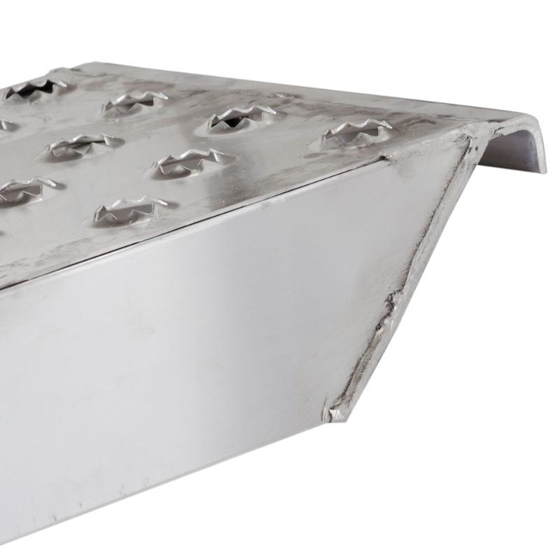 HD Ramps aluminum EZ Traction car ramp hook end detail for securing to a trailer.