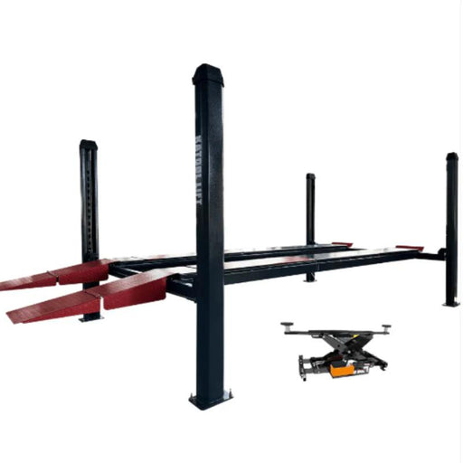 Katool heavy duty four post lift provides 12,000 lbs of capacity for professional automotive shops and vehicle storage.