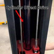 Overhead two-post car lift from KATOOL showing the direct-drive hydraulic cylinder for smooth, even lifting power.