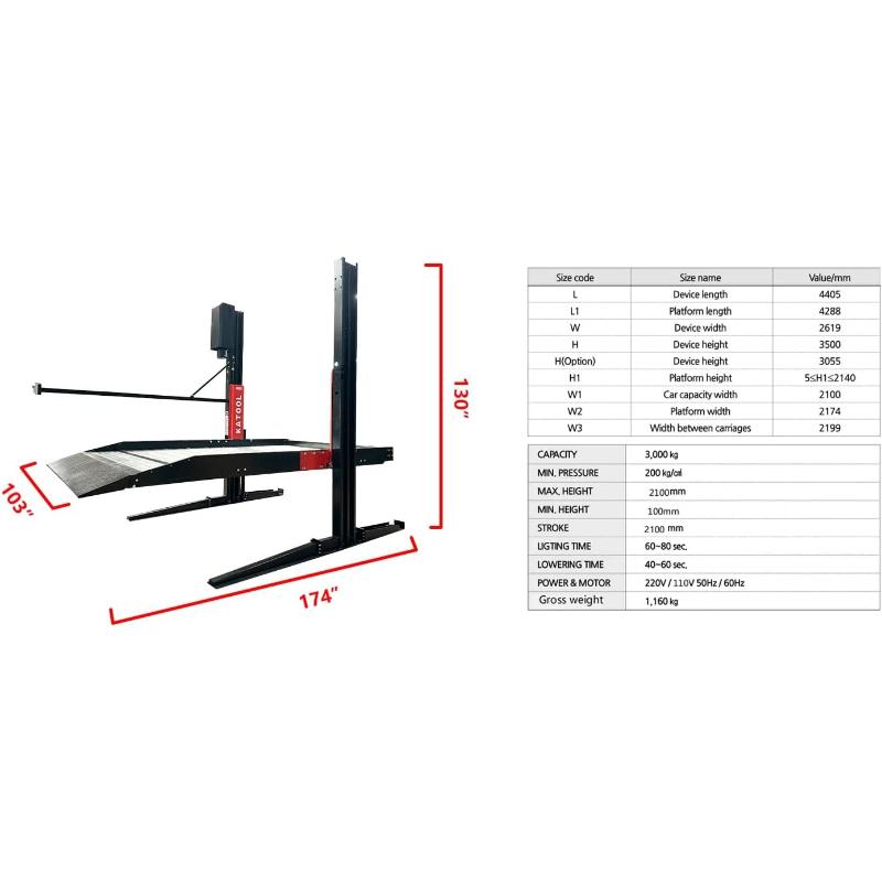Double deck two post car lift from Katool showing overall dimensions for proper installation and facility space planning.