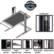 Double deck two post car lift from Katool showing a detailed drawing with key features and subcomponents highlighted.