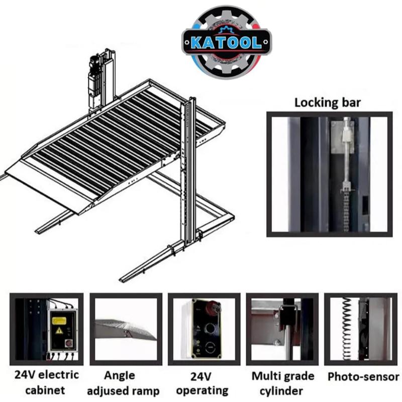 Double deck two post car lift from Katool showing a detailed drawing with key features and subcomponents highlighted.
