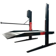 Double deck two post car lift from Katool with 6,600 lb capacity designed for vertical vehicle storage and space saving.