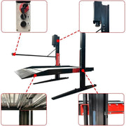 Double deck two post car lift from Katool showing close up callouts of key parts and components across the lift structure.