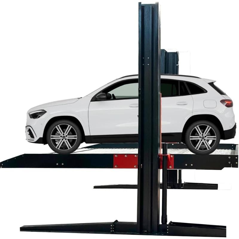 Double deck two post car lift from Katool shown with a vehicle on the elevated platform for space-saving storage.