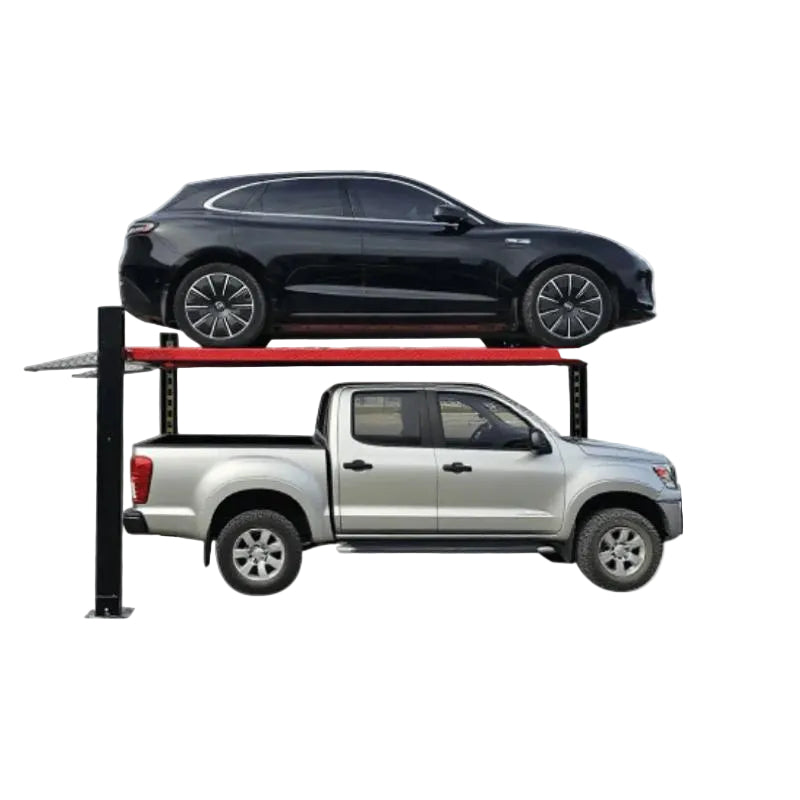 Four post storage lift from Katool with 9,500 lb capacity shown storing one vehicle above another for maximum garage space.