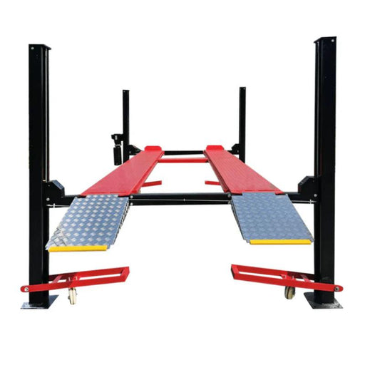 Four post storage lift from Katool shown from the ramp angle highlighting diamond-plate runways and platform access.