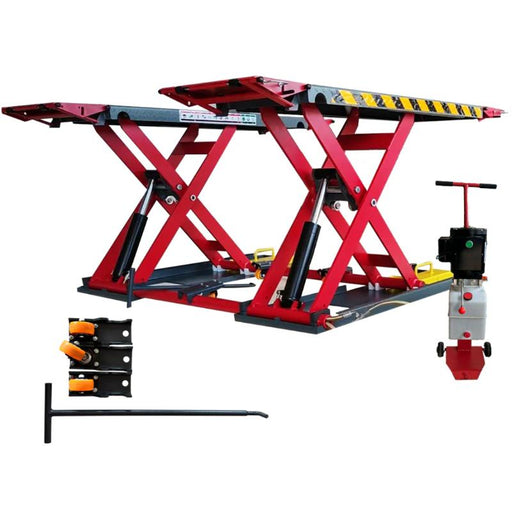 Katool mid-rise scissor lift rear view highlighting reinforced steel frame and drive-on ramps for professional auto service.

