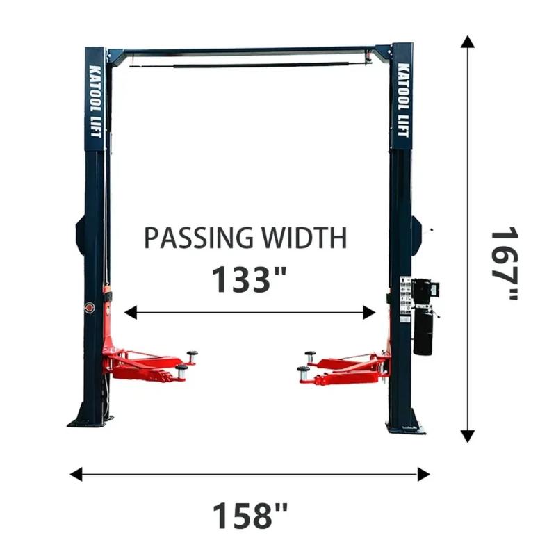 Overhead two-post car lift from KATOOL showing overall dimensions for proper installation and shop layout planning.