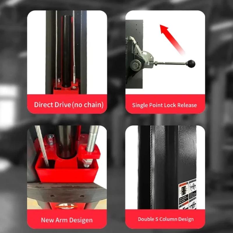 Overhead two-post car lift from KATOOL highlighting key features designed for heavy-duty professional vehicle lifting.