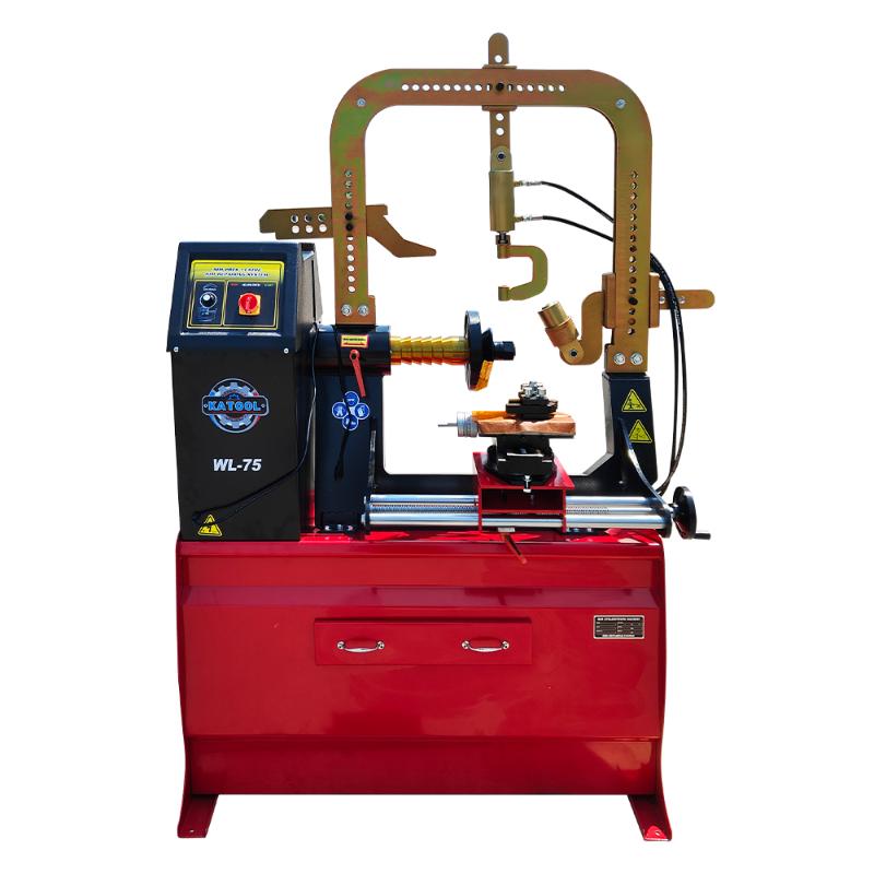 Rim straightener from Katool with cutting tool designed for professional bent rim repair and wheel restoration in shops.