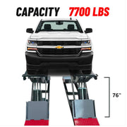 Hydraulic scissor lift from KATOOL displaying 7,700 lb lifting capacity for professional vehicle and cargo service.