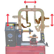 Rim straightener from Katool showing directional arrows that indicate the range of arm movement for precise wheel repair.
