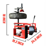 Manual tire changer from Katool showing overall dimensions and measurements for proper placement and workspace planning.