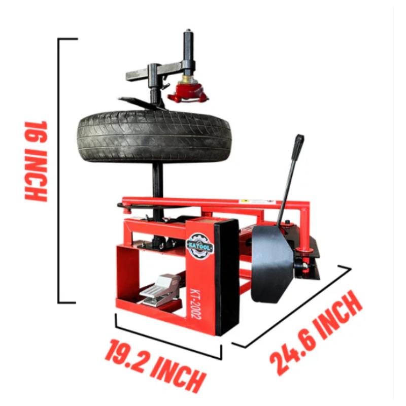 Manual tire changer from Katool showing overall dimensions and measurements for proper placement and workspace planning.