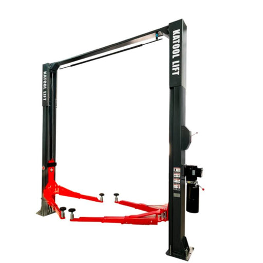Overhead two-post car lift from KATOOL with 14,000 lb capacity designed for heavy-duty professional vehicle service.