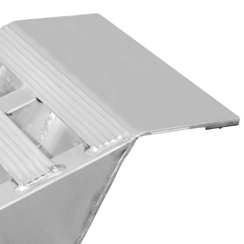 HD Ramps aluminum plate end connector for secure placement onto a truck or trailer bed.