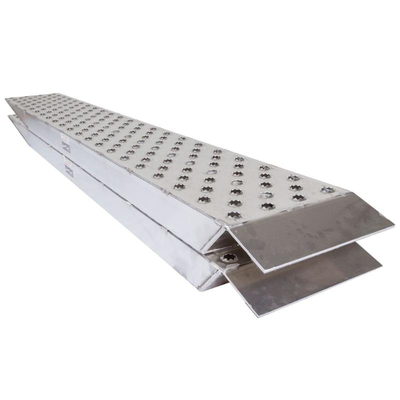 HD Ramps plate end aluminum car ramps stacked neatly on top of each other for easy storage.