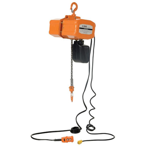 Electric chain hoist from Vestil shown at a slight right-facing angle highlighting steel housing and compact powered lifting design.
