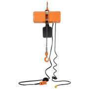 Electric chain hoist from Vestil shown from the rear highlighting the steel housing and integrated motor assembly.
