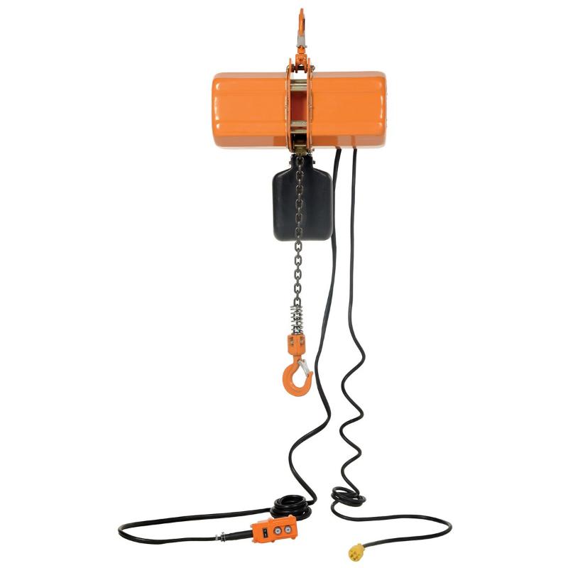 Electric chain hoist from Vestil shown from the rear highlighting the steel housing and integrated motor assembly.