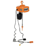 Electric chain hoist from Vestil shown from a slight right-facing angle highlighting steel housing and smooth powered lifting performance.
