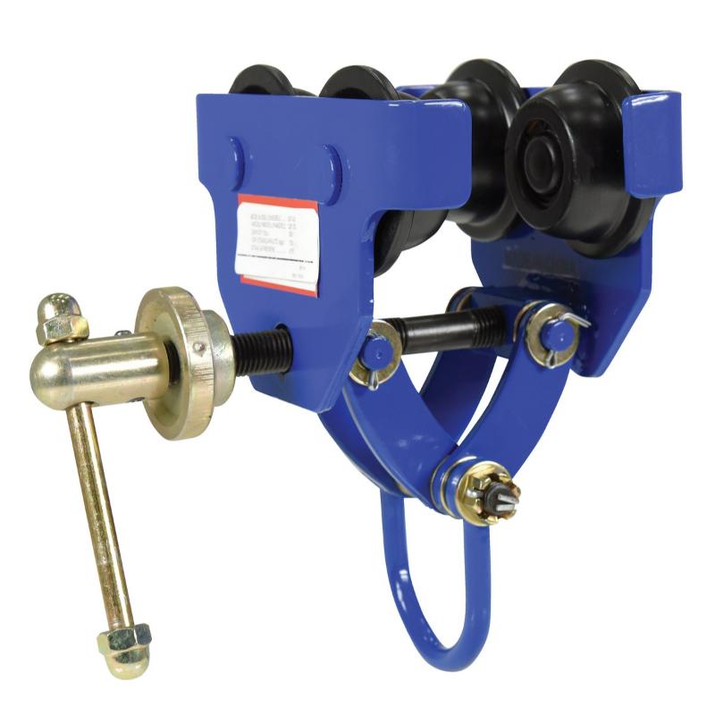 Manual steel trolley from Vestil with 300 lb capacity designed for quick installation on I-beam flanges.
