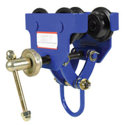 Manual trolley from Vestil with 600 lb capacity designed for quick installation on steel I-beams.