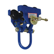 Manual trolley from Vestil with 2,000 lb capacity designed for quick installation on overhead I-beams.
