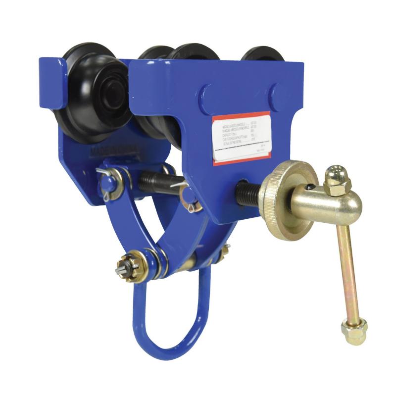 Manual trolley from Vestil shown at a different angle highlighting steel construction and quick install design for I-beams.
