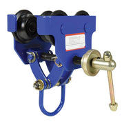 Manual trolley from Vestil shown from a different angle highlighting steel construction and quick install design for overhead I-beams.
