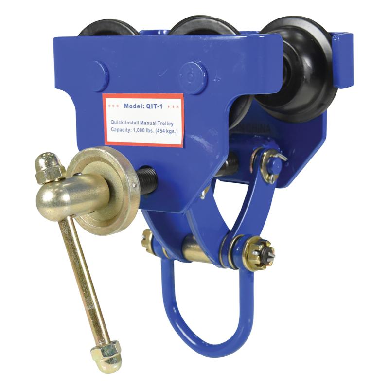 Manual trolley from Vestil shown from a different angle highlighting steel construction and quick install design for overhead lifting.
