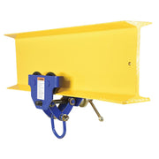 Manual trolley from Vestil mounted on an I-beam showing the front face with fixed frame visible while the width adjuster sits behind the beam.