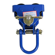 Manual trolley from Vestil shown from the front highlighting steel construction and centered lifting eye for 2,000 lb loads.
