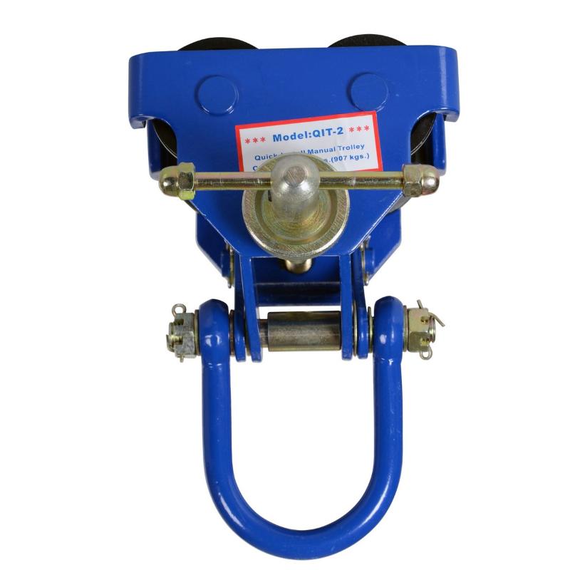 Manual trolley from Vestil shown from the front highlighting steel construction and centered lifting eye for 2,000 lb loads.
