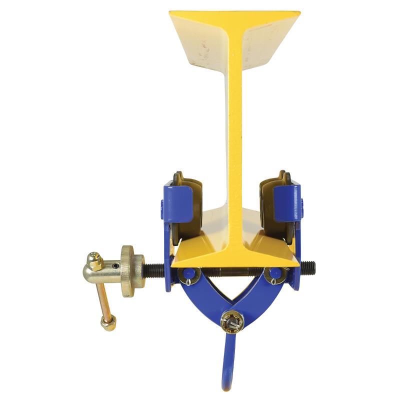 Manual trolley from Vestil mounted on an I-beam shown from the front to illustrate centered fit and secure attachment.