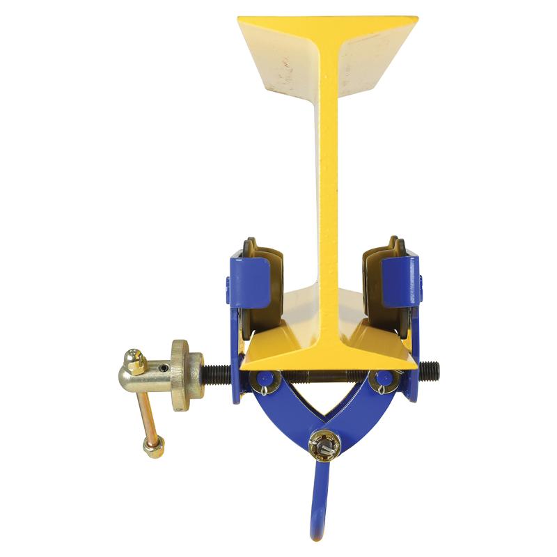 Manual trolley from Vestil mounted on an I-beam shown from the front to demonstrate centered fit and secure support.