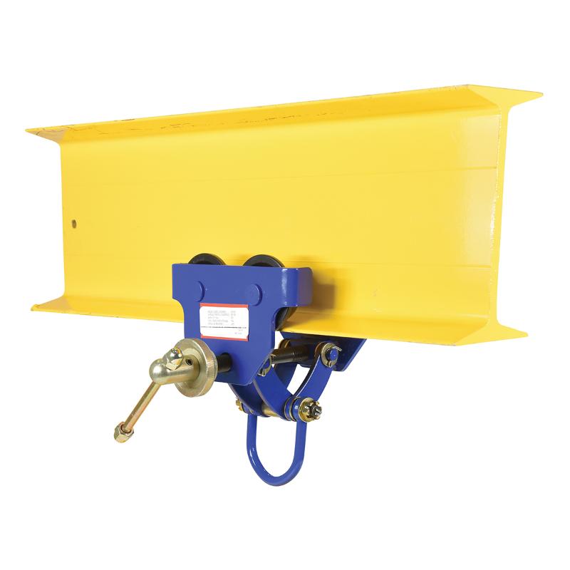 Manual trolley from Vestil attached to an I-beam for controlled overhead lifting up to 300 lb.
