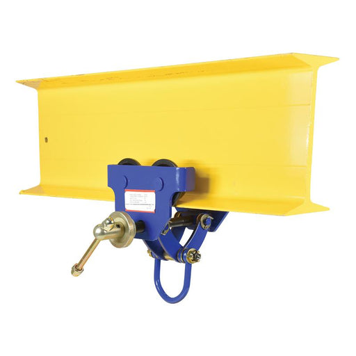 Manual trolley from Vestil attached to an I-beam for controlled overhead lifting up to 300 lb.

