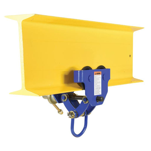 Manual trolley from Vestil mounted on an I-beam to support controlled overhead lifting up to 1,000 lb.
