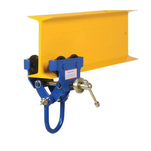 Manual trolley from Vestil mounted on an I-beam to support controlled overhead lifting up to 2,000 lb.

