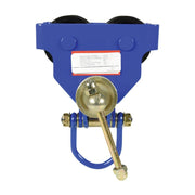 Manual trolley from Vestil shown in side view highlighting steel construction and adjustable width for I-beam mounting.