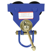 Manual trolley from Vestil shown in side view highlighting steel construction and adjustable width for I-beam mounting.
