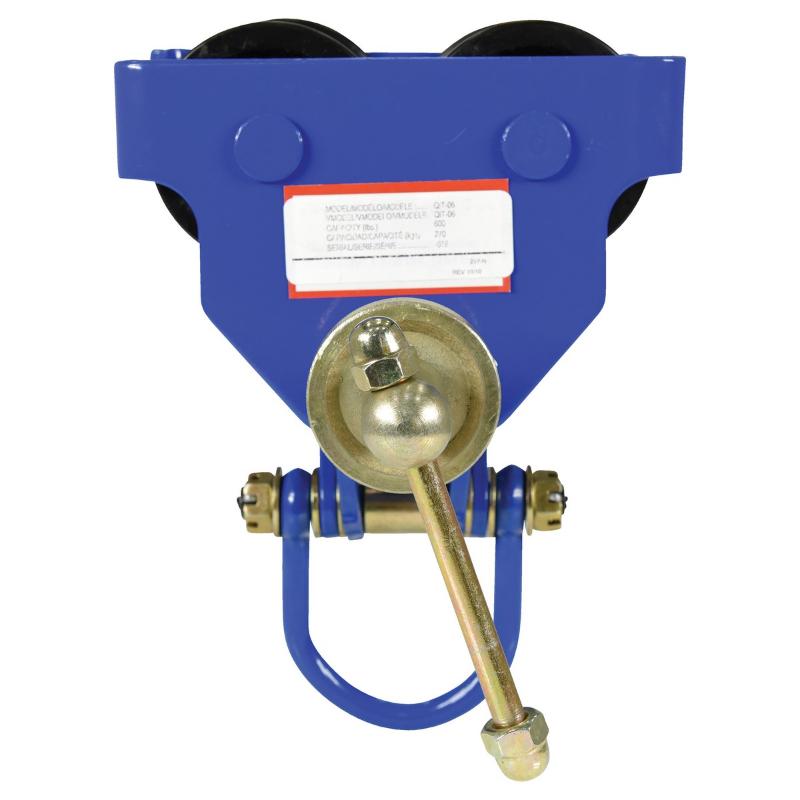 Manual trolley from Vestil shown in side view highlighting steel construction and adjustable width for I-beam mounting.
