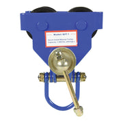 Manual trolley from Vestil shown in side view highlighting steel construction and adjustable width for secure I-beam mounting.
