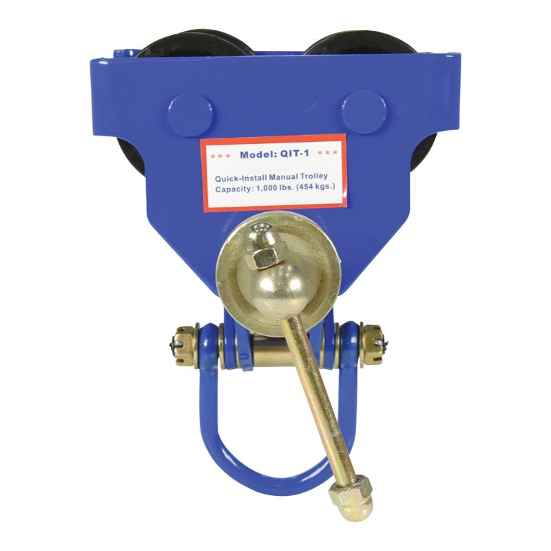 Manual trolley from Vestil shown in side view highlighting steel construction and adjustable width for secure I-beam mounting.
